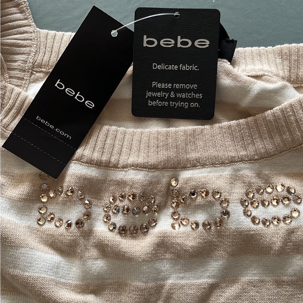 Bebe Striped Beige Top with Rhinestone Detail